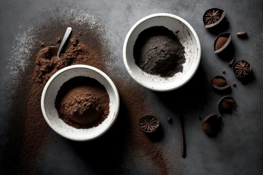 Coffee Grounds In White Bowls On A Grey Concrete Background, Viewed From Above. Generative AI