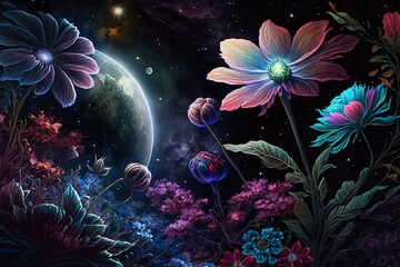 Obraz na płótnie Canvas Galactic Garden with Out of This World Blooms Generative AI