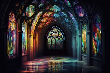Fototapeta premium Gloomy Crypts Bathed in Rainbows of Stained Glass Generative AI
