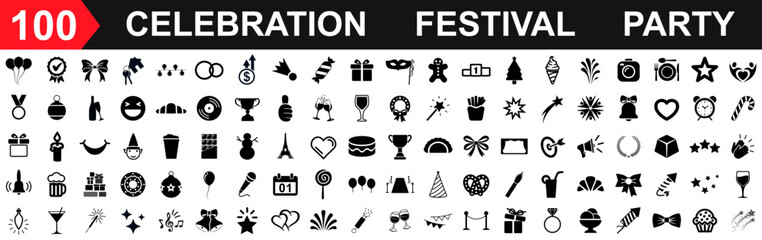 Set of 100 celebration festival icons, party, wedding, anniversary or jubilee signs - stock vector