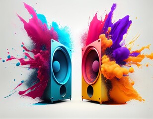 Speakers with colorful sound explosion, generative ai