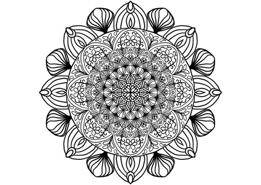 Madala Coloring book. Madala hand drawn doodle mandala with lower for Henna. yoga design, Mehndi,decoration. Coloring book page