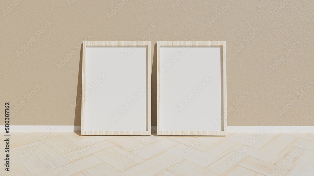 Wall mural set of 2 simple wooden frames leaning against the white wall. blank frame template. picture frame