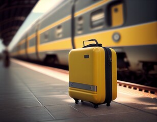 Yellow suitcase on railway station, generative ai
