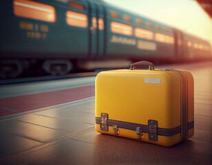 Yellow suitcase on railway station, generative ai