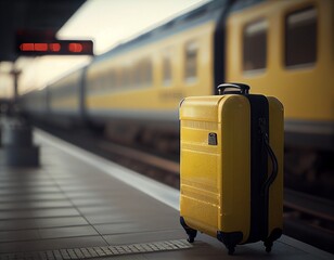Yellow suitcase on railway station, generative ai