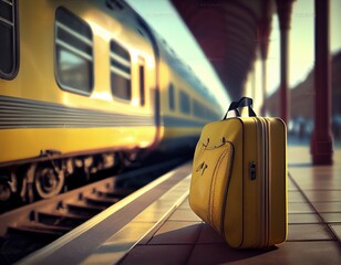 Yellow suitcase on railway station, generative ai