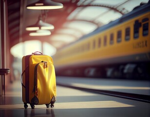 Yellow suitcase on railway station, generative ai