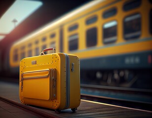 Yellow suitcase on railway station, generative ai