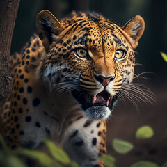 Obraz premium Close up leopard in forest. Generative AI