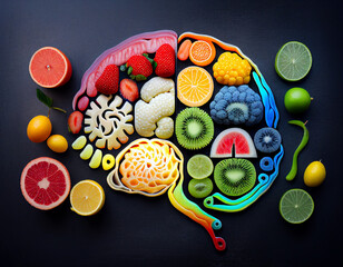 Top view of human brain shaped fruit slices. Nutritions for brain health.