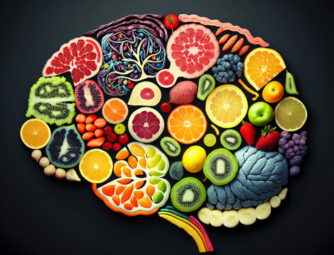 Top view of human brain shaped fruit slices. Nutritions for brain health.