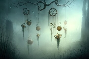 Faerie Wind Chimes Singing Over Misty Meadows Generative AI
