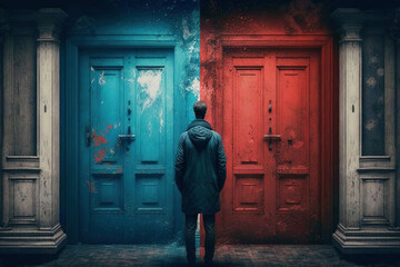 Man standing in front of vintage doors choosing right one, choice concept, generative AI