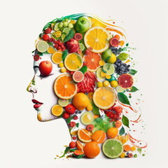 girl made out of fruits on white background, healthy concept