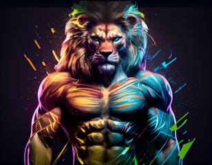 Muscular and colorful lion, generative ai
