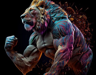 Muscular and colorful lion, generative ai