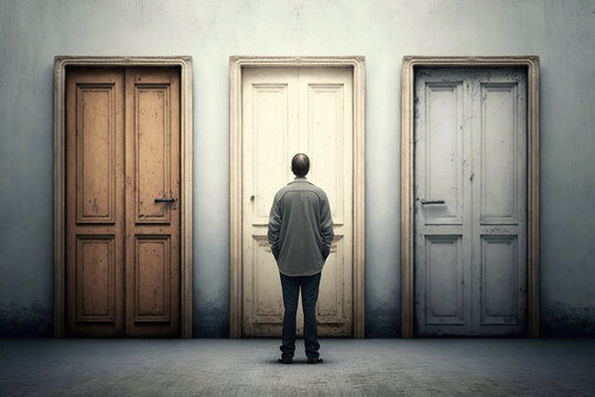 Man standing in front of vintage doors choosing right one, choice concept, generative AI