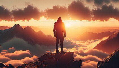Obraz premium Man standing at the top of the mountain, generative ai