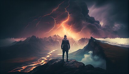 Man looking at storm in mountains, generative ai