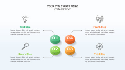 3D Isometric Circle Infographic Presentation Template on a 16:9 Ratio with Four Options or Steps for Business Presentations, Planning, Progress, Workflow, Milestones, and Reports.