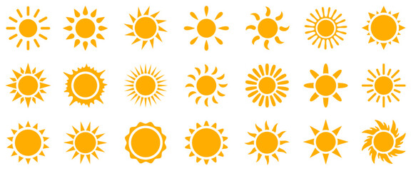 Set sun icons sign, solar isolated icon, sunshine, sunset collection, summer, sunlight – vector