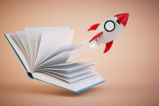 the concept of rapid learning. an open book with a flying rocket on a pastel background. 3D render