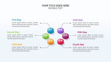 3D Isometric Circle Infographic Presentation Template on a 16:9 Ratio with Six Options or Steps for Business Presentations, Planning, Progress, Workflow, and Reports.