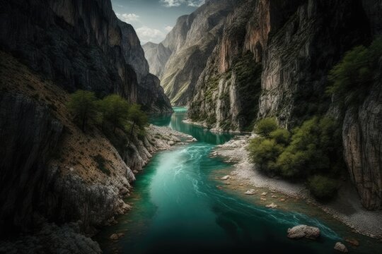 Albania's Osumi river winds through verdant gorges hundreds of feet deep. Scattered canyons with a tiny bridge across one of them. Generative AI