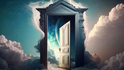 Mysterious door to heavens.Judgment day paradise concept with a portal to eternal life generative ai.