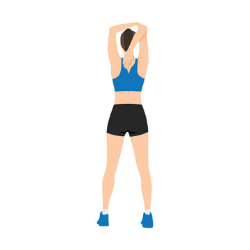 Woman doing Overhead triceps stretch exercise. Flat vector illustration isolated on white background