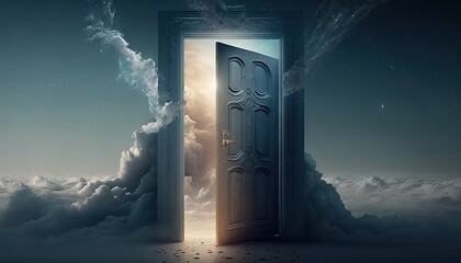 Mysterious door to heavens.Judgment day paradise concept with a portal to eternal life generative ai. - obrazy, fototapety, plakaty