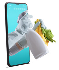 Cleaning service and solutions. Hands with gloves, rags and spray bottle emerge from the...