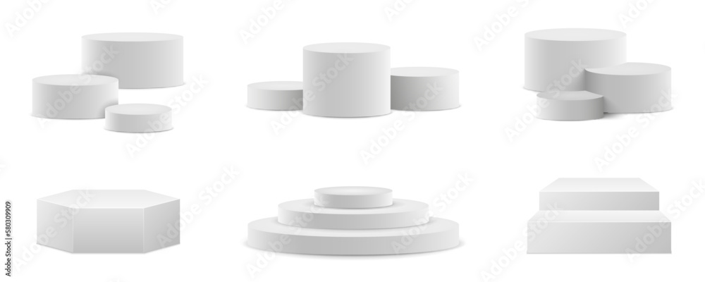 Poster set realistic podium. pedestal and platform, stand stage, cylinder. round empty stages and podium st