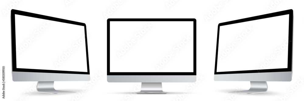 Poster Three black monitor with empty display in turn, realistic set device screen mockup with shadow - vector