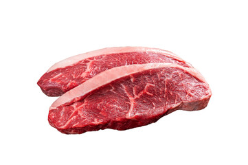 Top sirloin beef steak or brazilian Picanha, raw meat on butcher cleaver.  Isolated, transparent background - obrazy, fototapety, plakaty