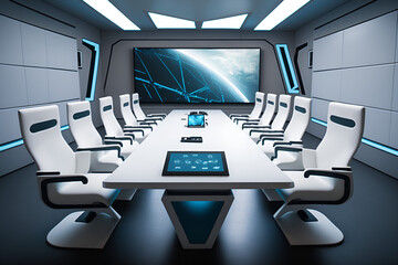 A futuristic and high-tech meeting room, AI illustration