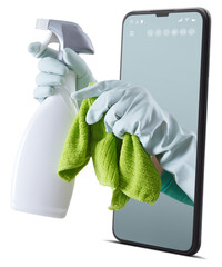 Cleaning service and solutions. Hands with gloves, rags and spray bottle emerge from the...