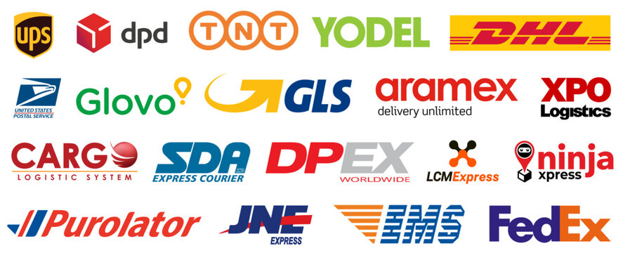 Kiev, Ukraine - March 12, 2023: Set popular delivery courier services icons, logo company: Fedex, TNT, Glovo, DHL, UPS, USPS, DPD, GLS, SDA, DPEX... E-commerce website buttons. Editorial vector