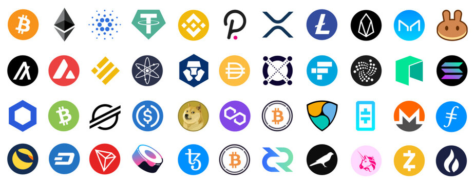 Kiev, Ukraine - March 12, 2023: Set of top cryptocurrency tokens logos, crypto currency blockchain assets logo. Crypto-Currency coins: Bitcoin, Ethereum, Dogecoin, Tether, Ripple, Uniswap. Editorial