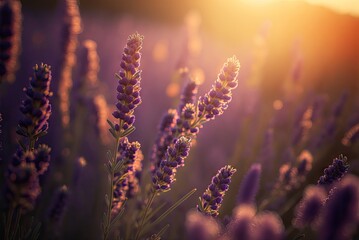 Lavender Field at Sunset, Purple Flowers, Morning Lavender Fields, Abstract Generative AI Illustration - obrazy, fototapety, plakaty
