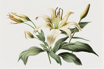 Lilly Flower Botanical Illustration, Lily Flowers Realistic Painting, Abstract Generative AI Illustration - obrazy, fototapety, plakaty