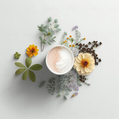 Obraz na płótnie Canvas Coffee Cup Top View Flat Lay, Cozy Breakfast, Flower Morning Coffee Mug, Abstract Generative AI Illustration