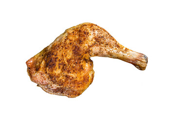 Grilled chicken leg on a wooden board. Isolated, transparent background