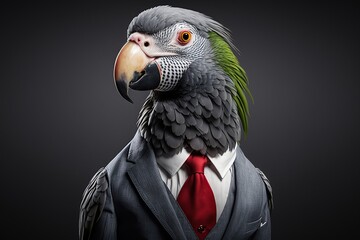 Fototapeta premium Portrait of a Parrot dressed in a formal business suit, generative ai 