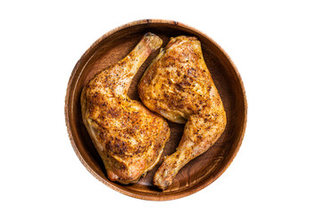 BBQ Grilled chicken legs in a wooden plate with herbs.  Isolated, transparent background