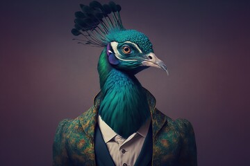 Portrait of a peacock dressed in a formal business suit, generative ai