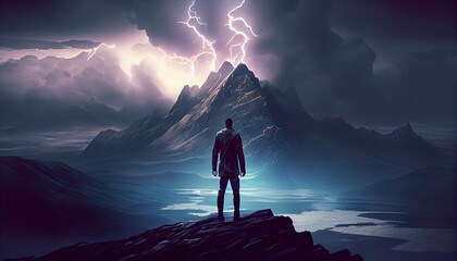 Man looking at storm in mountains, generative ai