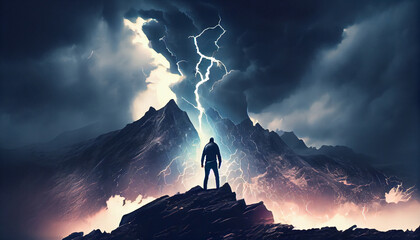 Man looking at storm in mountains, generative ai