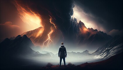 Man looking at storm in mountains, generative ai